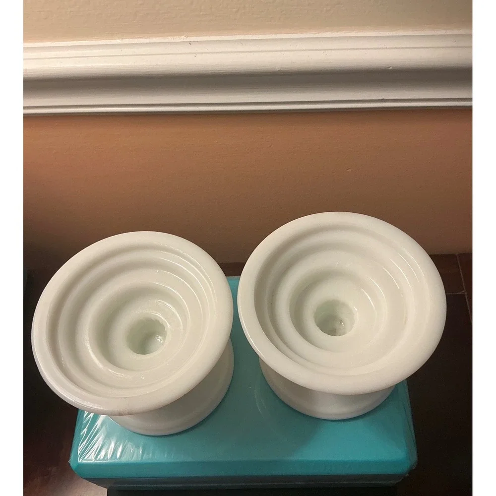 Vintage White Milk Glass Candlestick Holders Pair Embossed Floral Pedestal Set 2